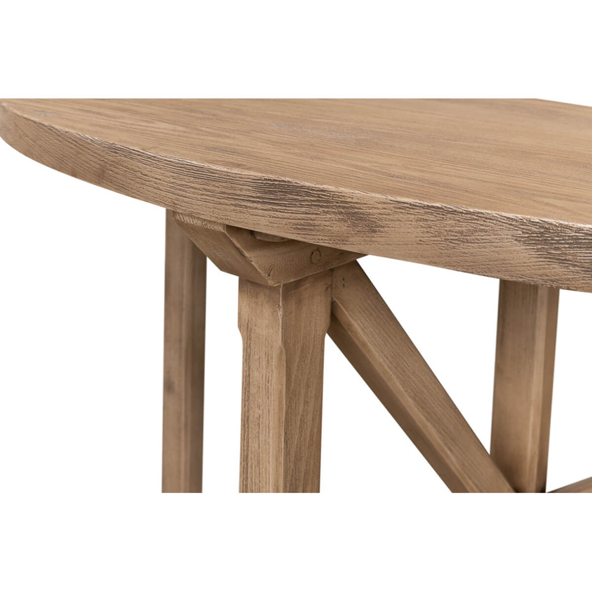 Detail view of edge and joint on console table.