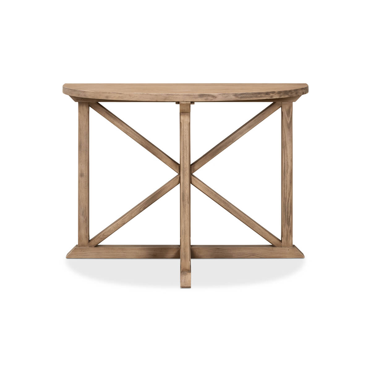 Front view of wood console table with cross support.