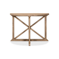 Front view of wood console table with cross support.
