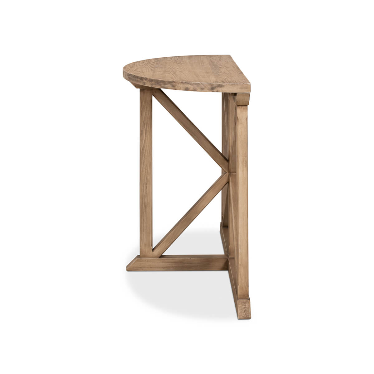 Side profile of wood demilune console table.
