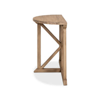 Side profile of wood demilune console table.