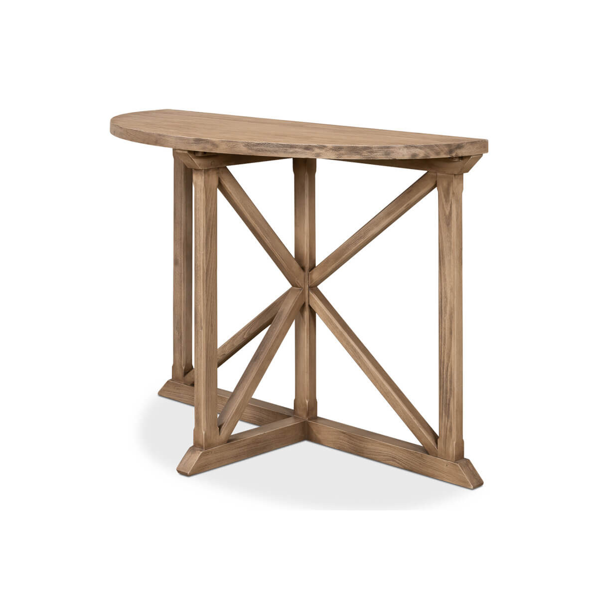 Angled side view of wood demilune console table.