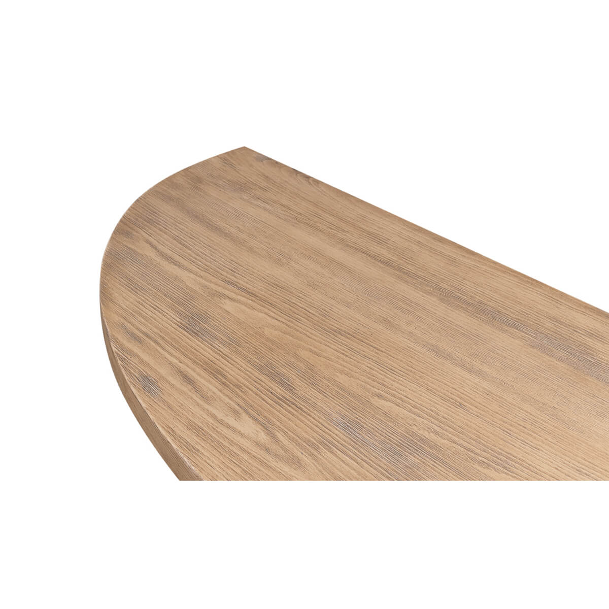 Close-up of wood grain on console tabletop.