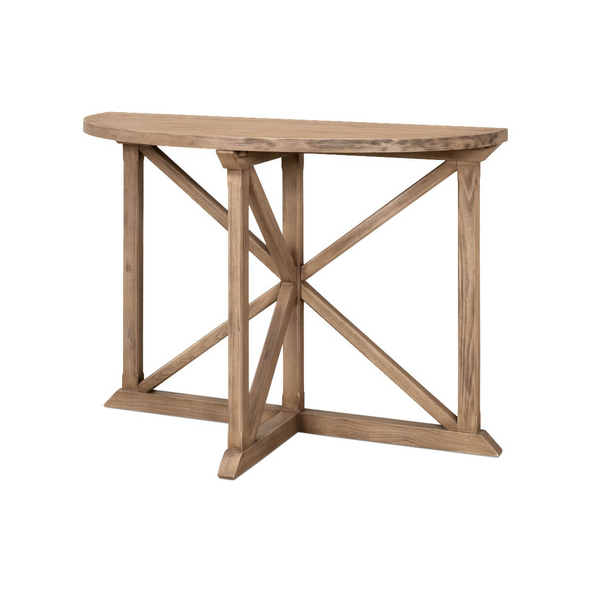 Wood demilune console table angled view.