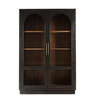 Front view of vintage black display cabinet, closed doors.