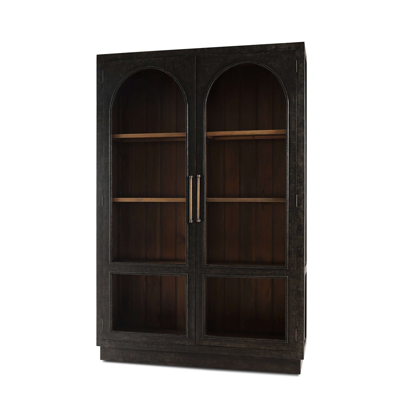Angled view of vintage black display cabinet, closed doors.
