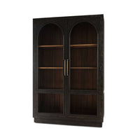 Angled view of vintage black display cabinet, closed doors.