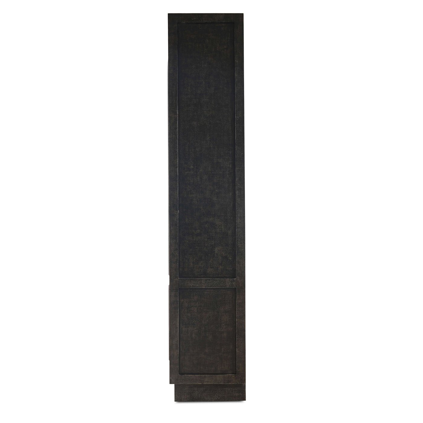 Side view of vintage black display cabinet, closed.