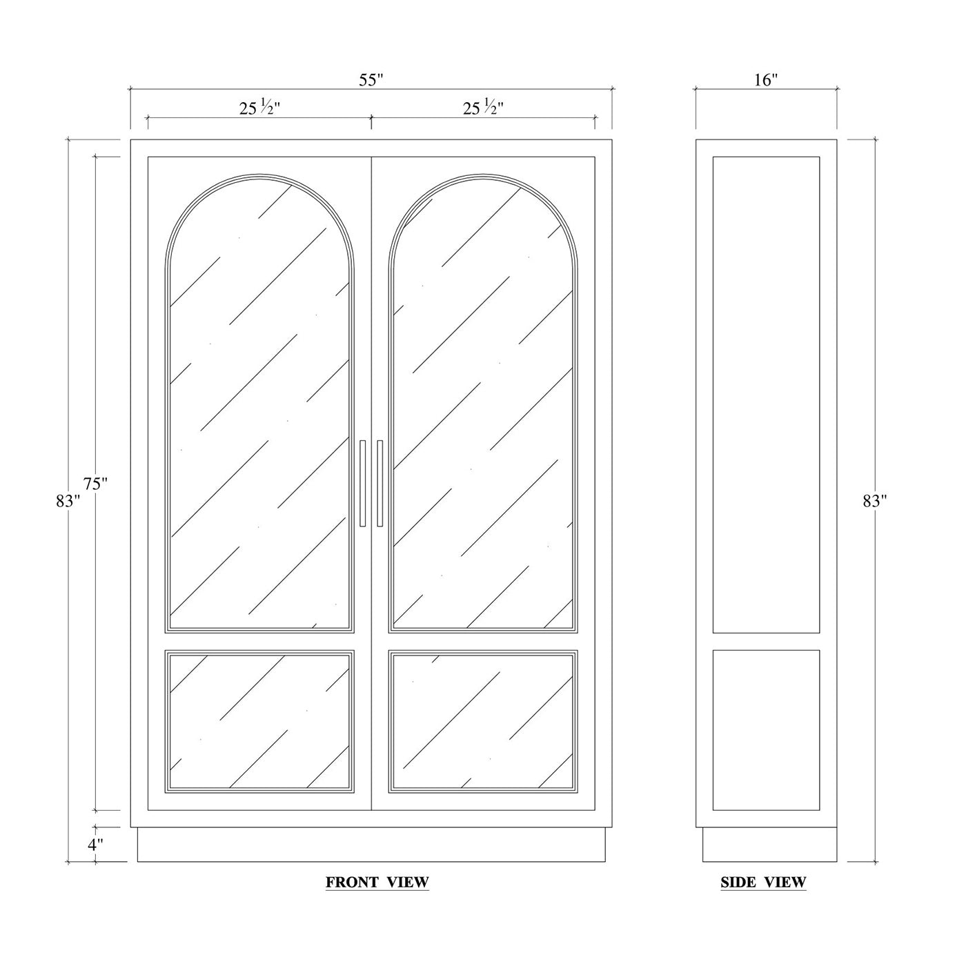Technical drawing of vintage black display cabinet dimensions.
