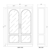 Technical drawing of vintage black display cabinet dimensions.