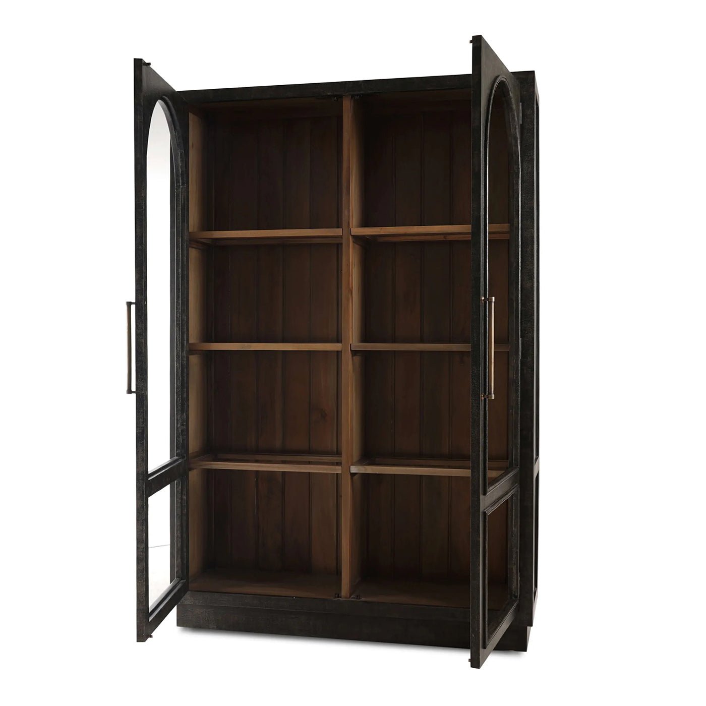 Open doors vintage black display cabinet showing shelves.