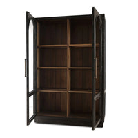 Open doors vintage black display cabinet showing shelves.