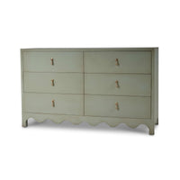 Front view of vintage fennel green dresser with handles.