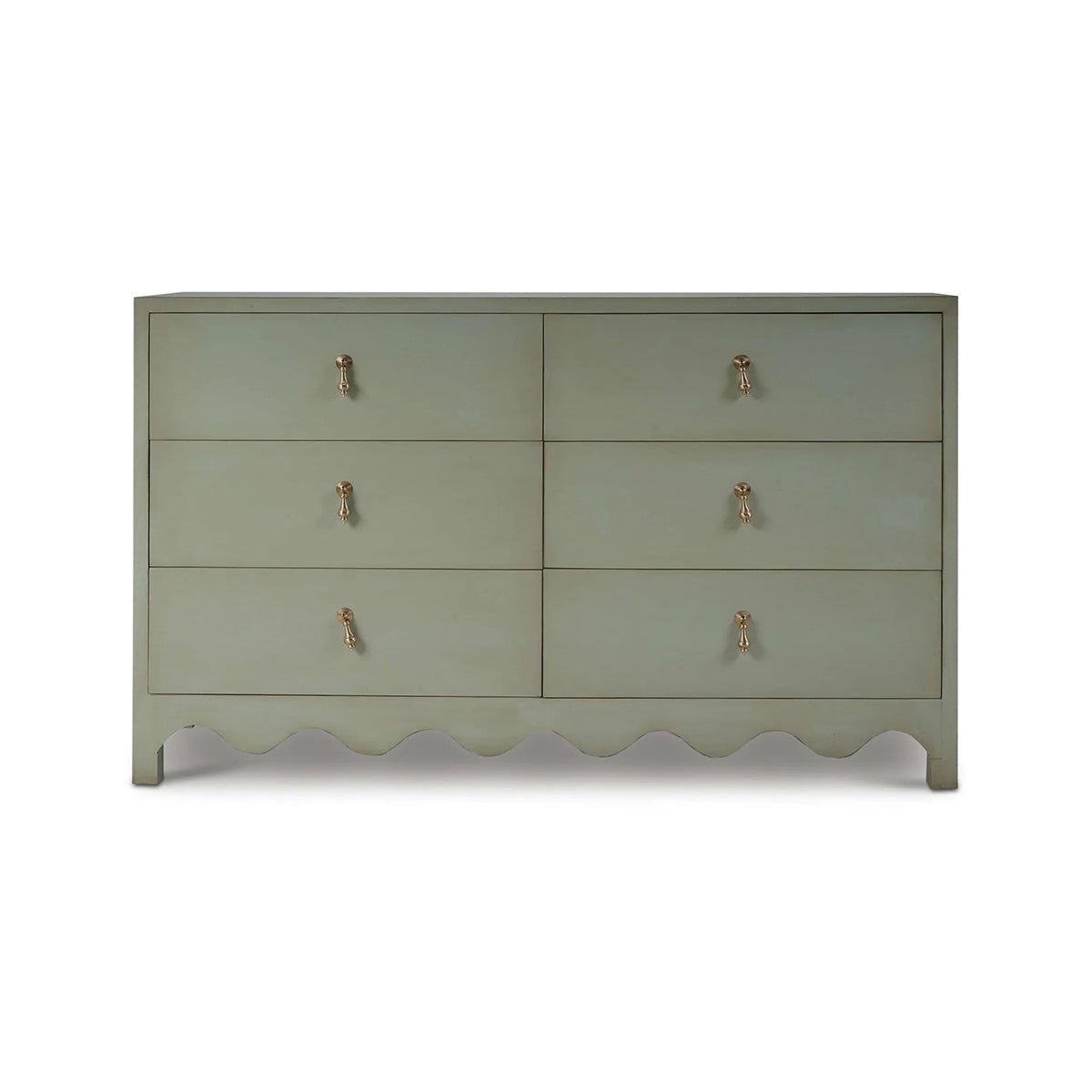 Straight front view of fennel green dresser, handles visible.