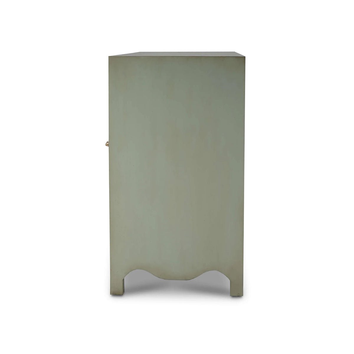 Side view of vintage fennel green dresser design.