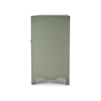 Side view of vintage fennel green dresser design.