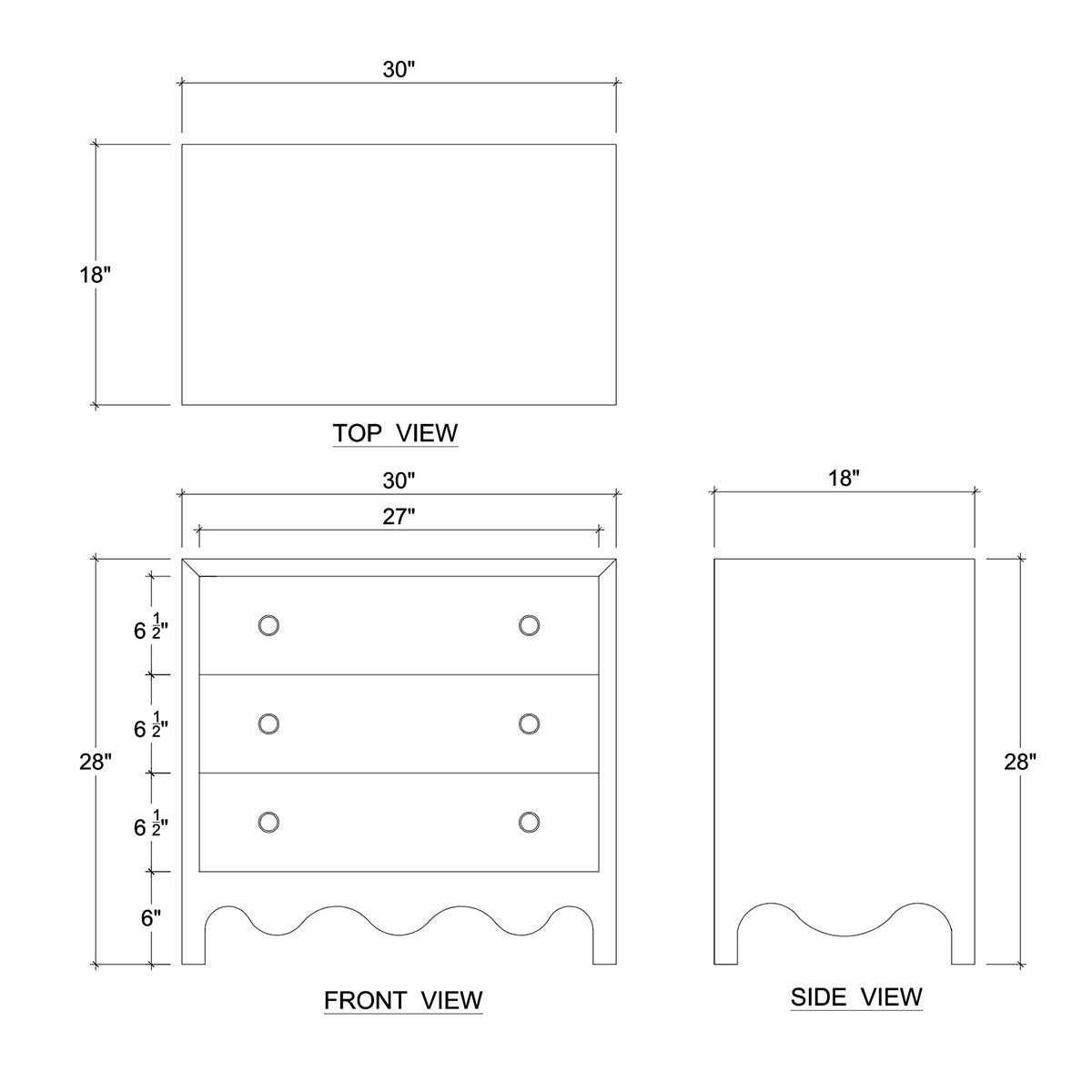 Dimension diagram of vintage green bedside chest, different views.