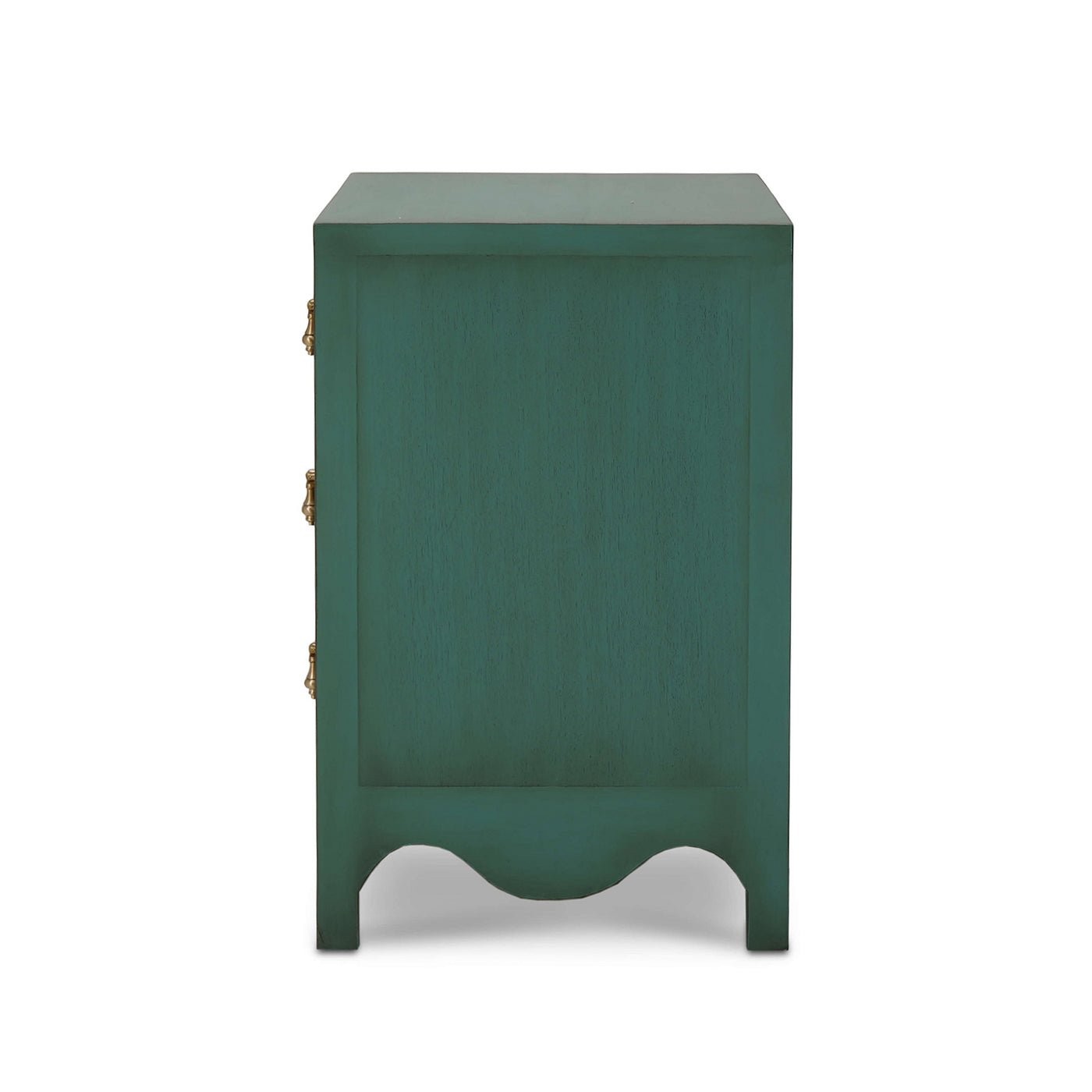 Side view of vintage green bedside chest.