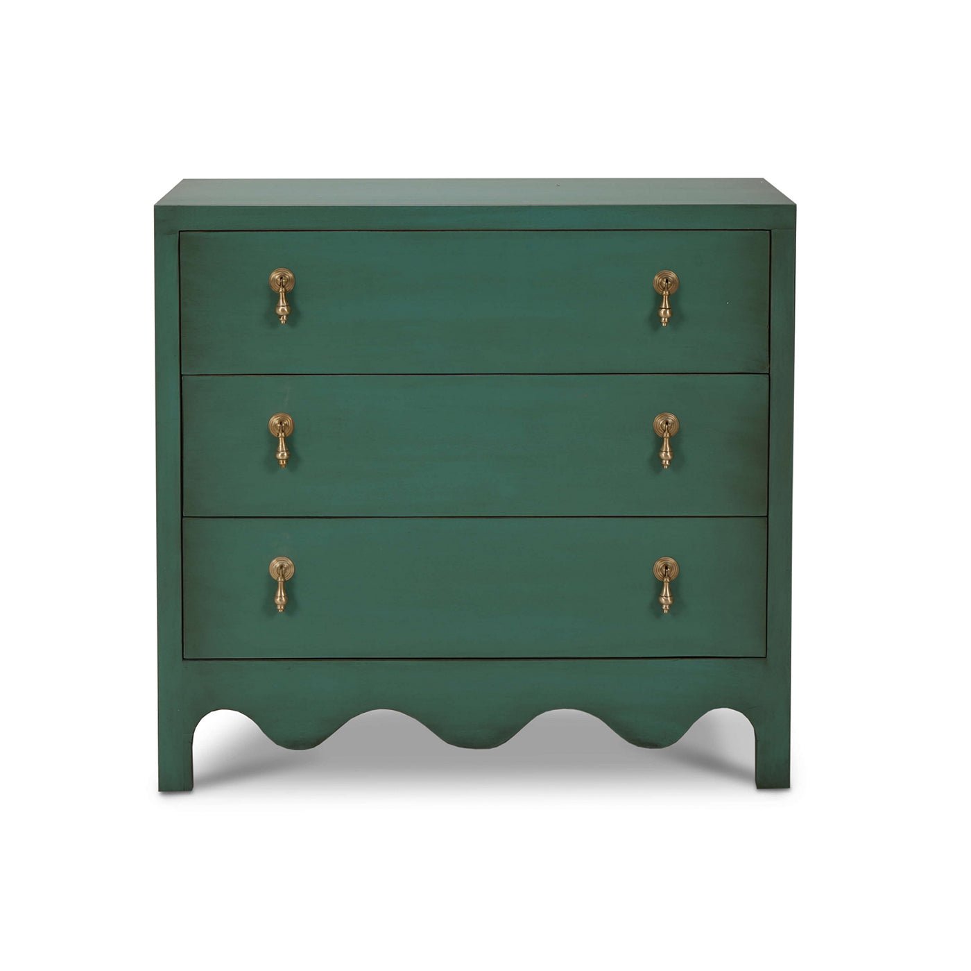 Front view of vintage green bedside chest, three drawers.