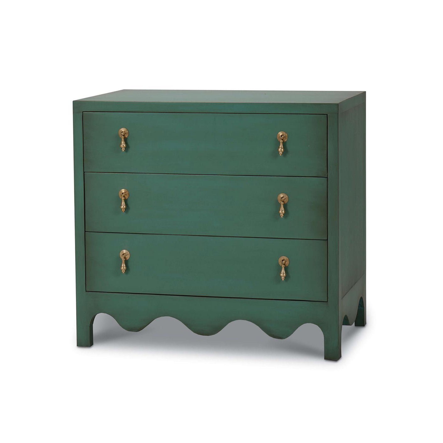 Vintage green bedside chest with three drawers, angled view.