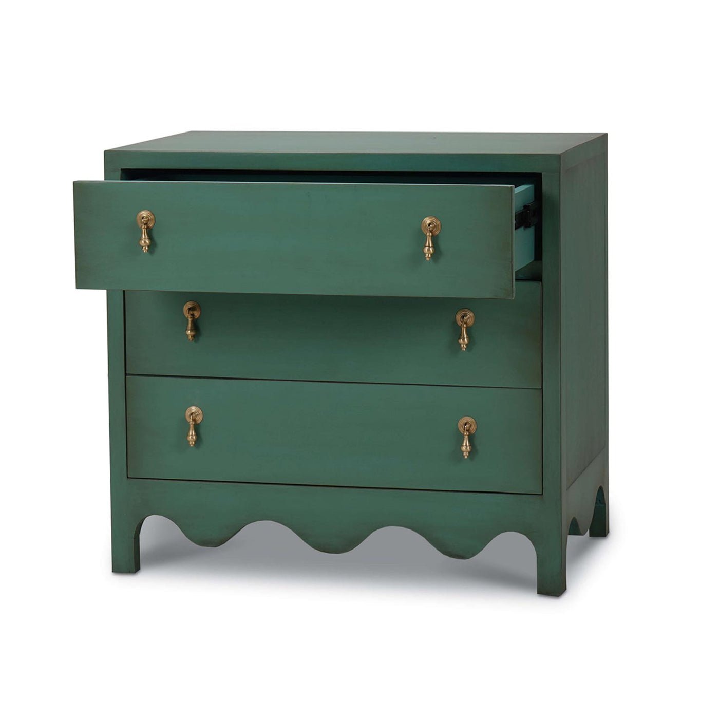 Vintage green bedside chest, one drawer open, angled view.