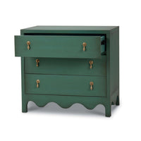 Vintage green bedside chest, one drawer open, angled view.
