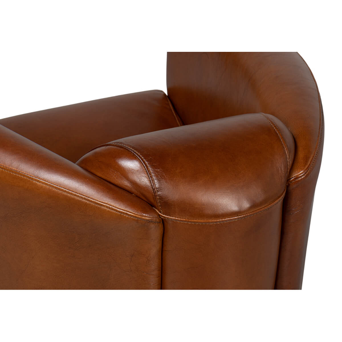 Close-up of chair's top corner stitching.