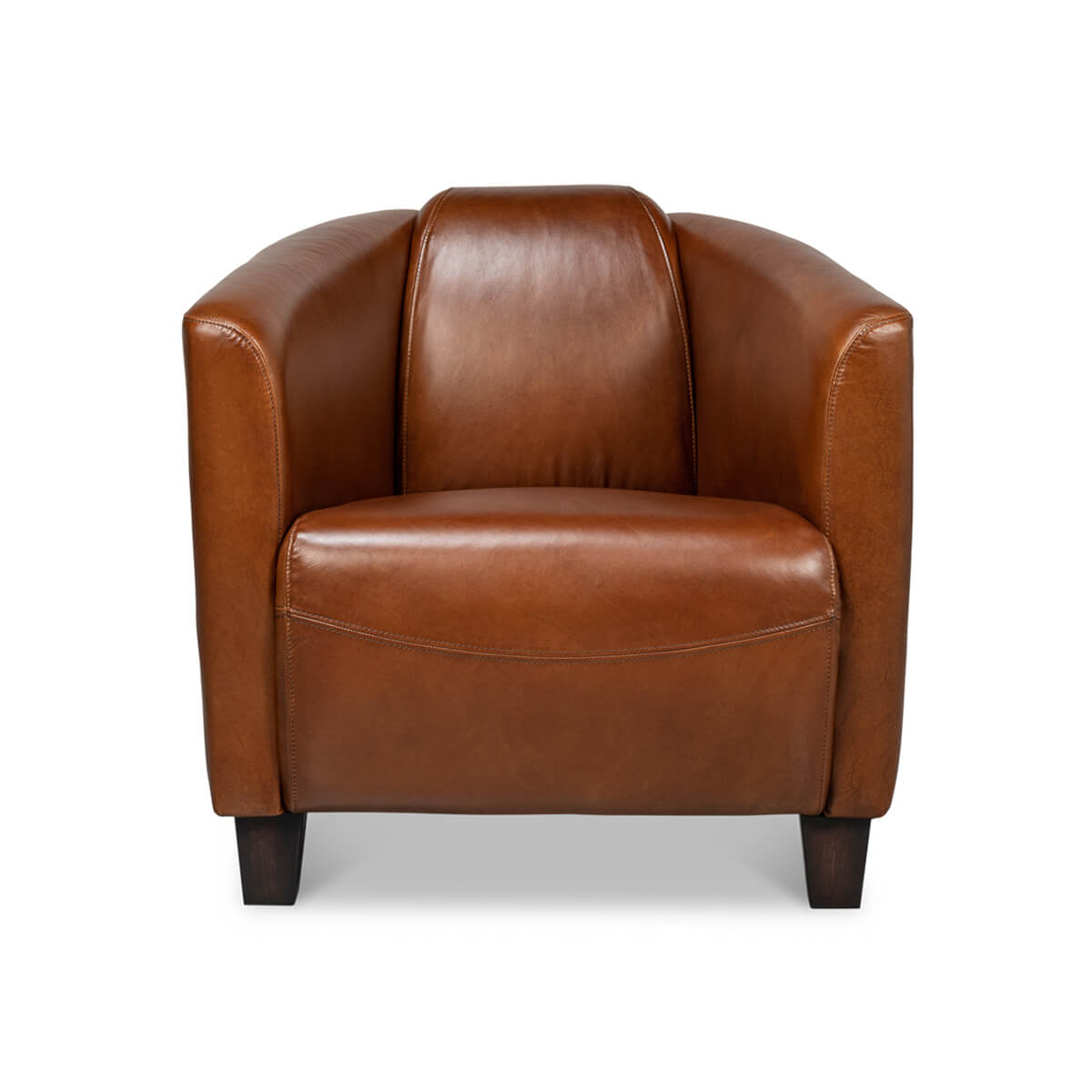 Brown leather club chair, front view.