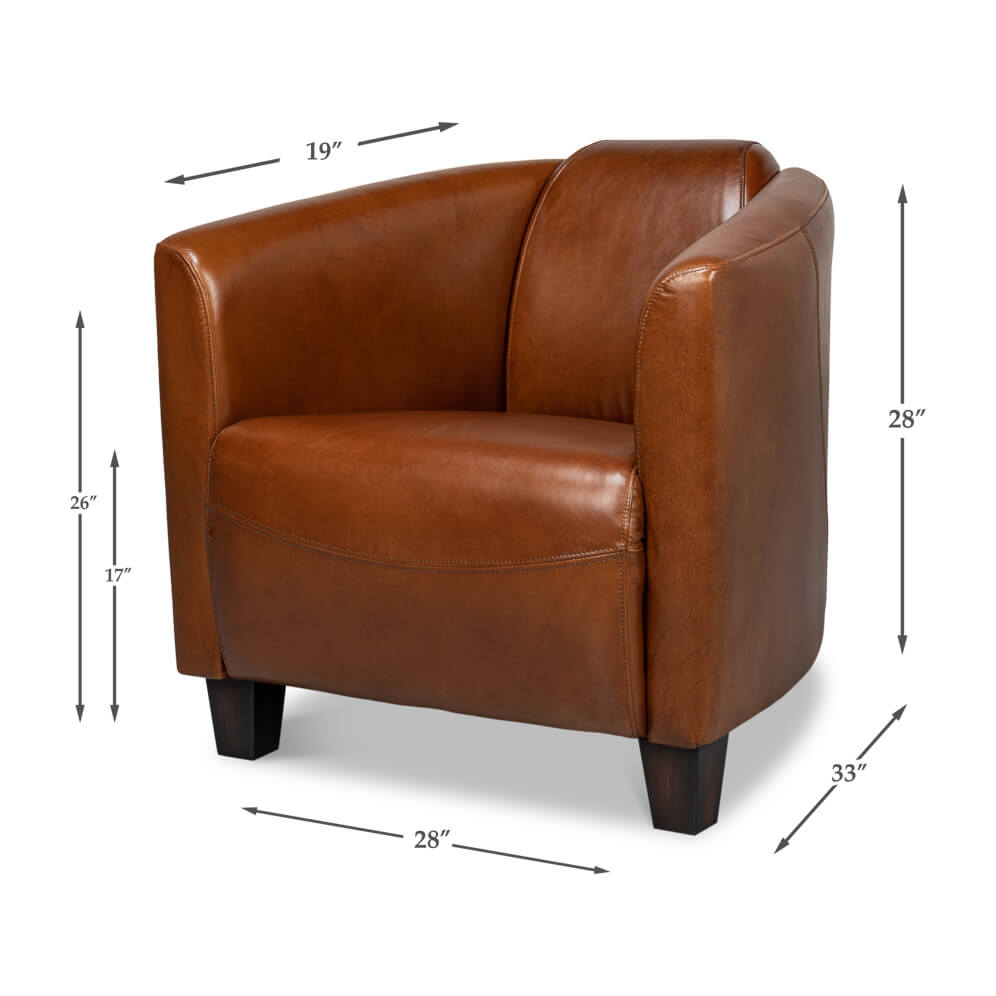 Dimensions of brown leather club chair, diagram view.