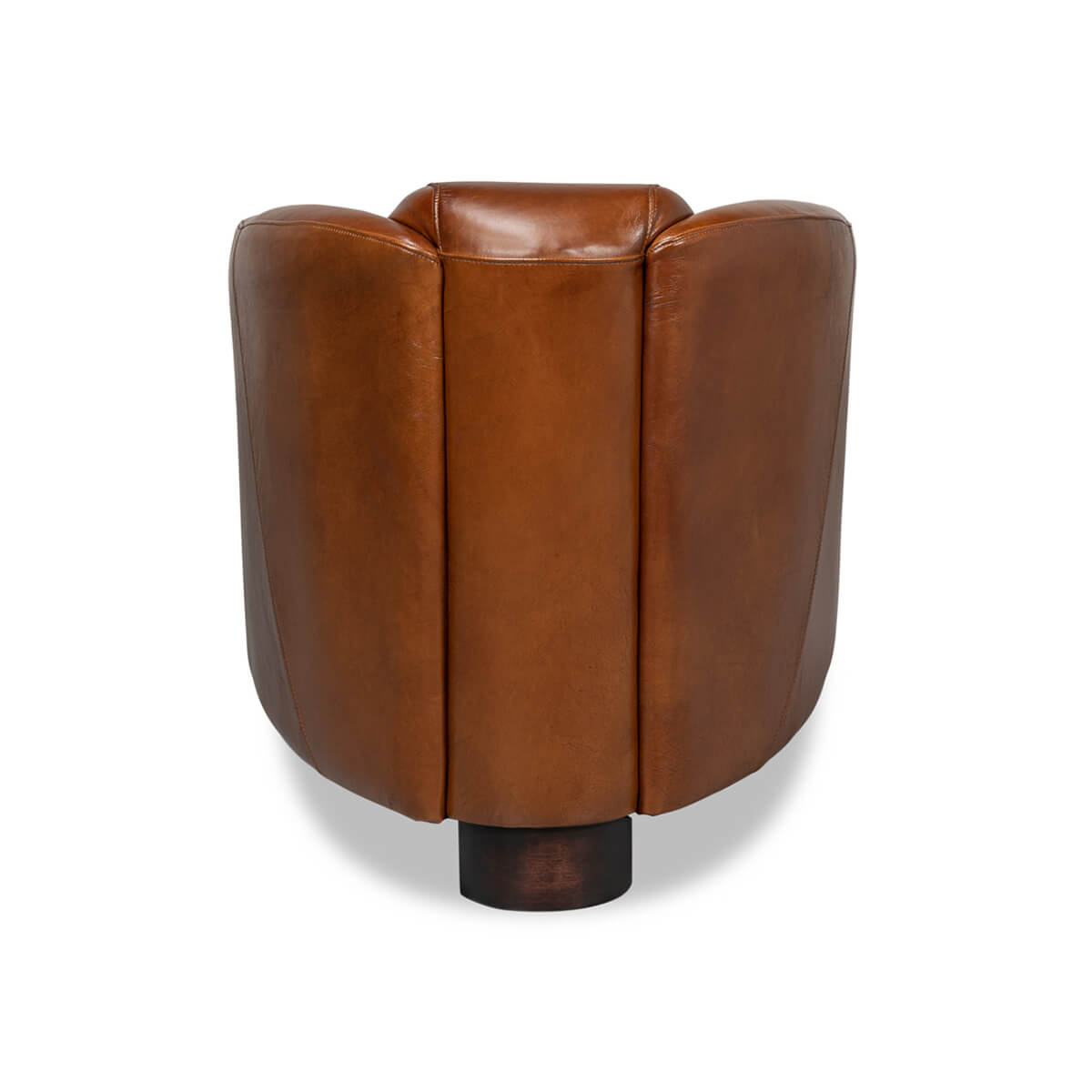 Brown leather club chair, back view.