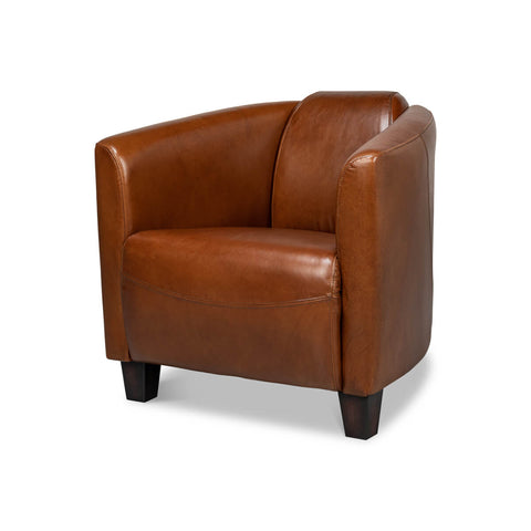 Brown leather club chair, angled front view.