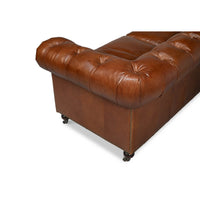 Vintage style Chesterfield sofa, back corner view.