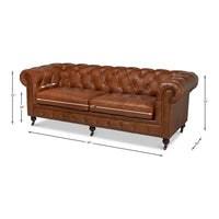 Vintage style Chesterfield sofa, dimensions displayed.
