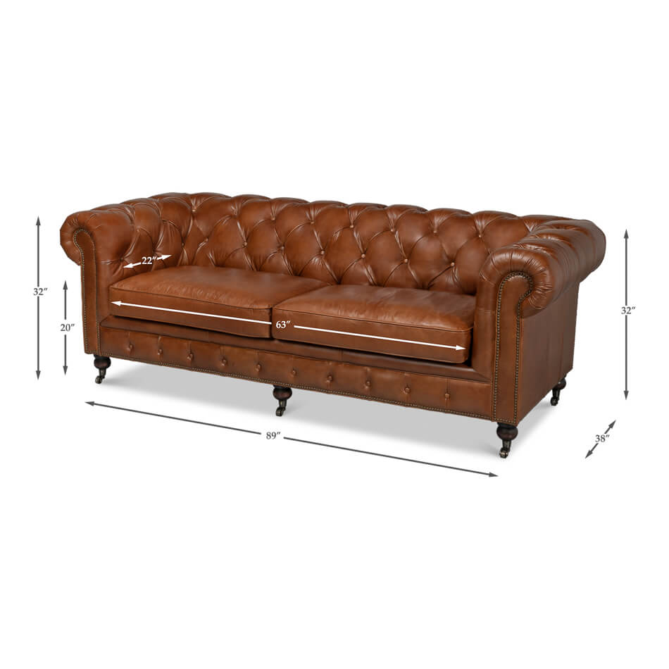 Vintage style Chesterfield sofa, dimensions displayed.