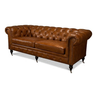 Vintage Chesterfield sofa front angle view, Cuban cigar leather.