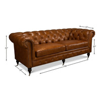 Chesterfield sofa with dimensions, highlighting size and details.