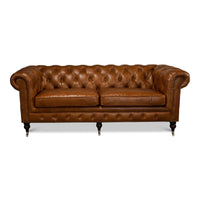 Classic Chesterfield sofa front view, button-tufted design.