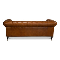 Back view of Chesterfield sofa, elegant leather finish.