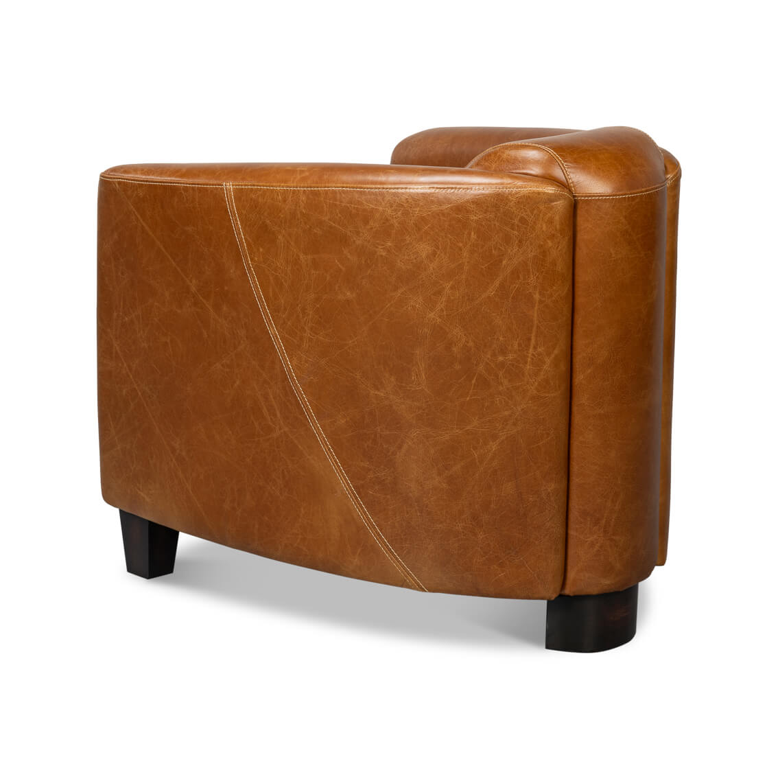 Brown leather club chair back angled view