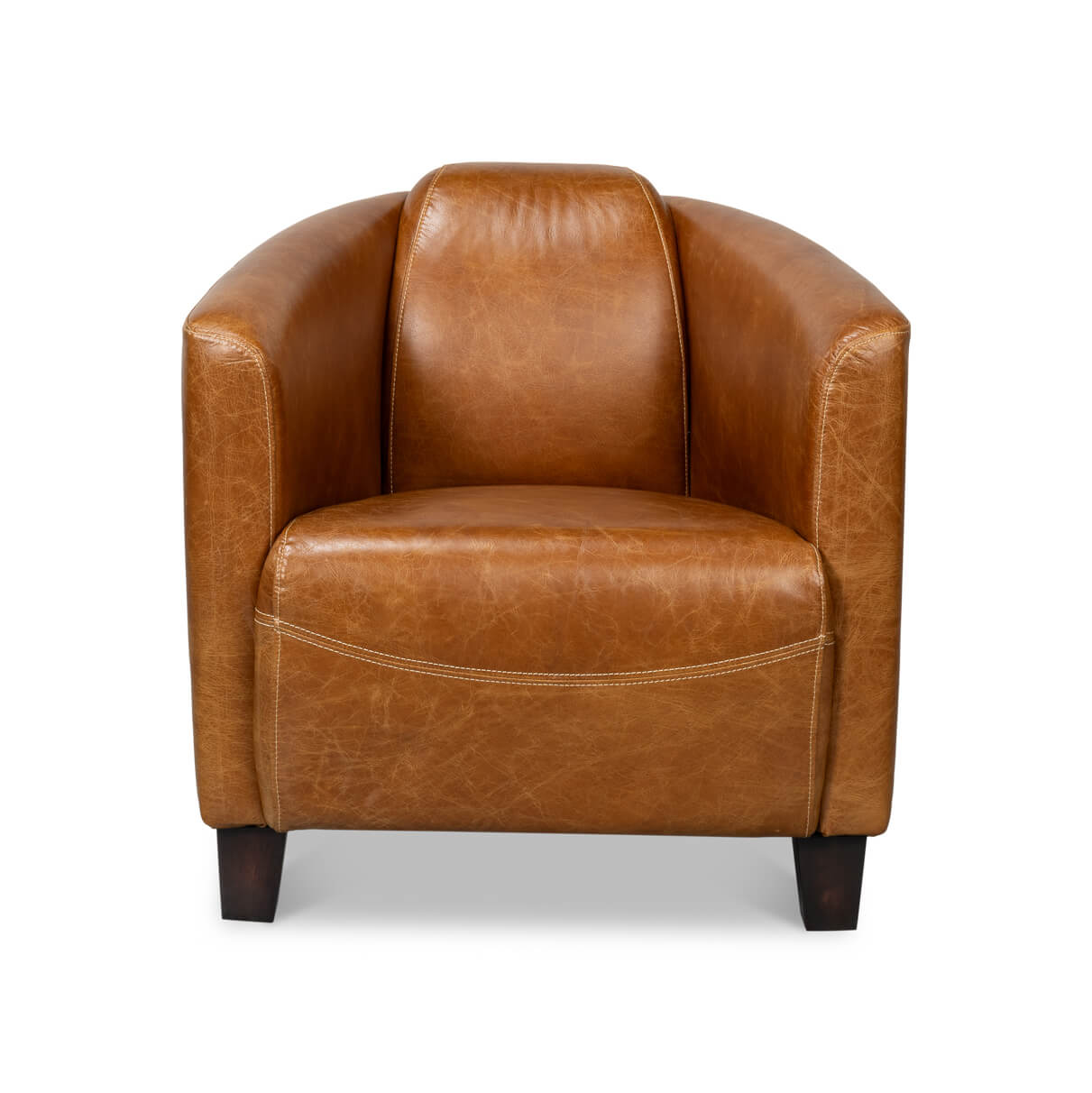 Brown leather club chair front view