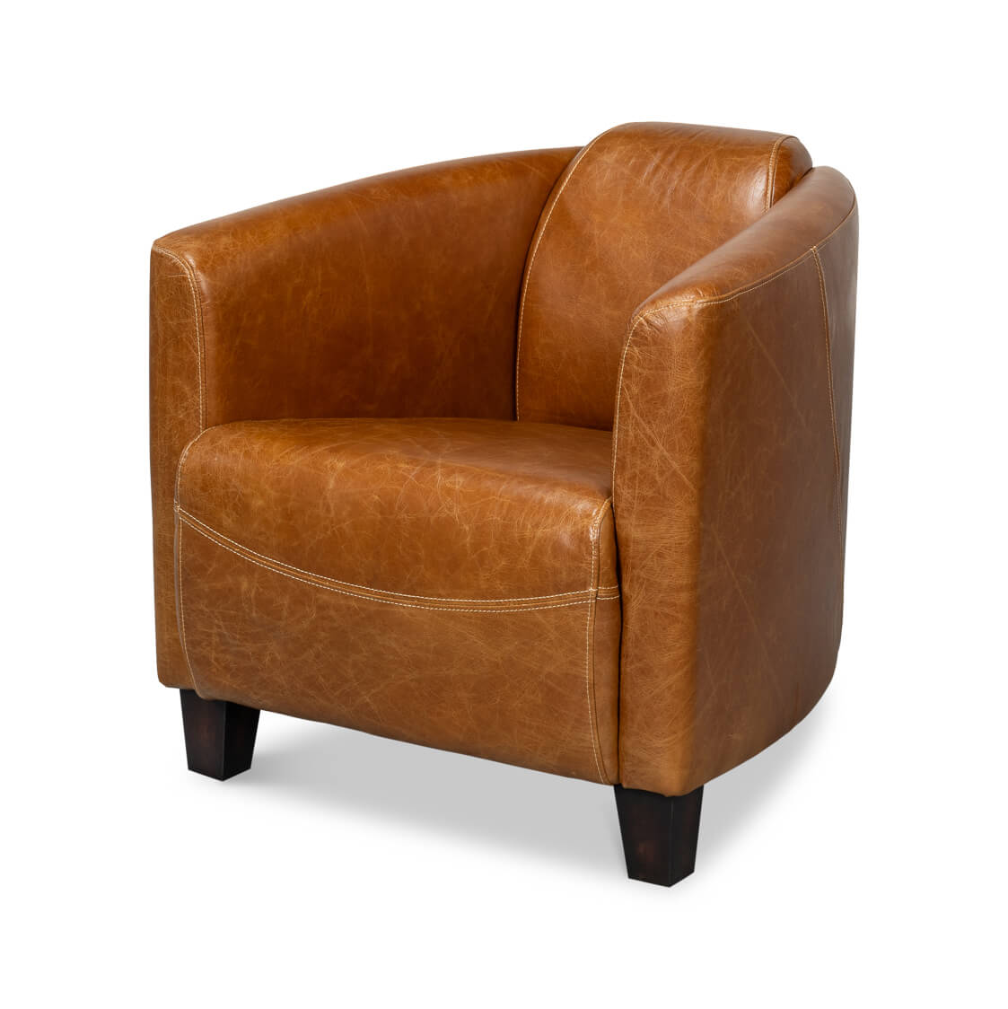 Brown leather club chair angled view