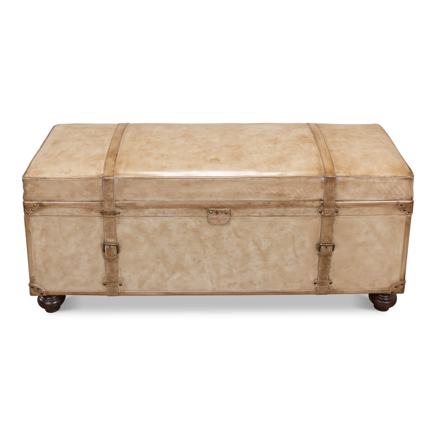 Closed top view of pearl leather trunk bench