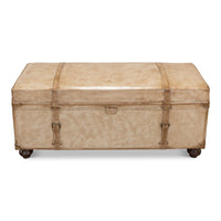 Closed top view of pearl leather trunk bench
