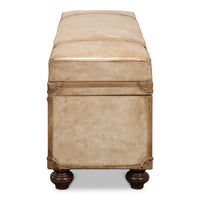 Side view of vintage-style pearl leather trunk bench