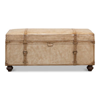 Front angle of closed vintage-style pearl leather trunk bench