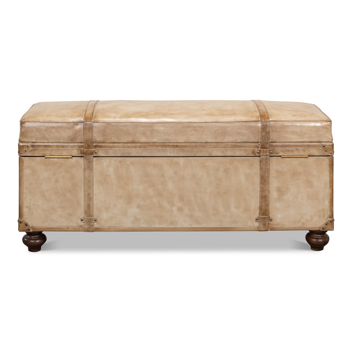 Rear view of vintage-style pearl leather trunk bench