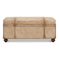 Rear view of vintage-style pearl leather trunk bench