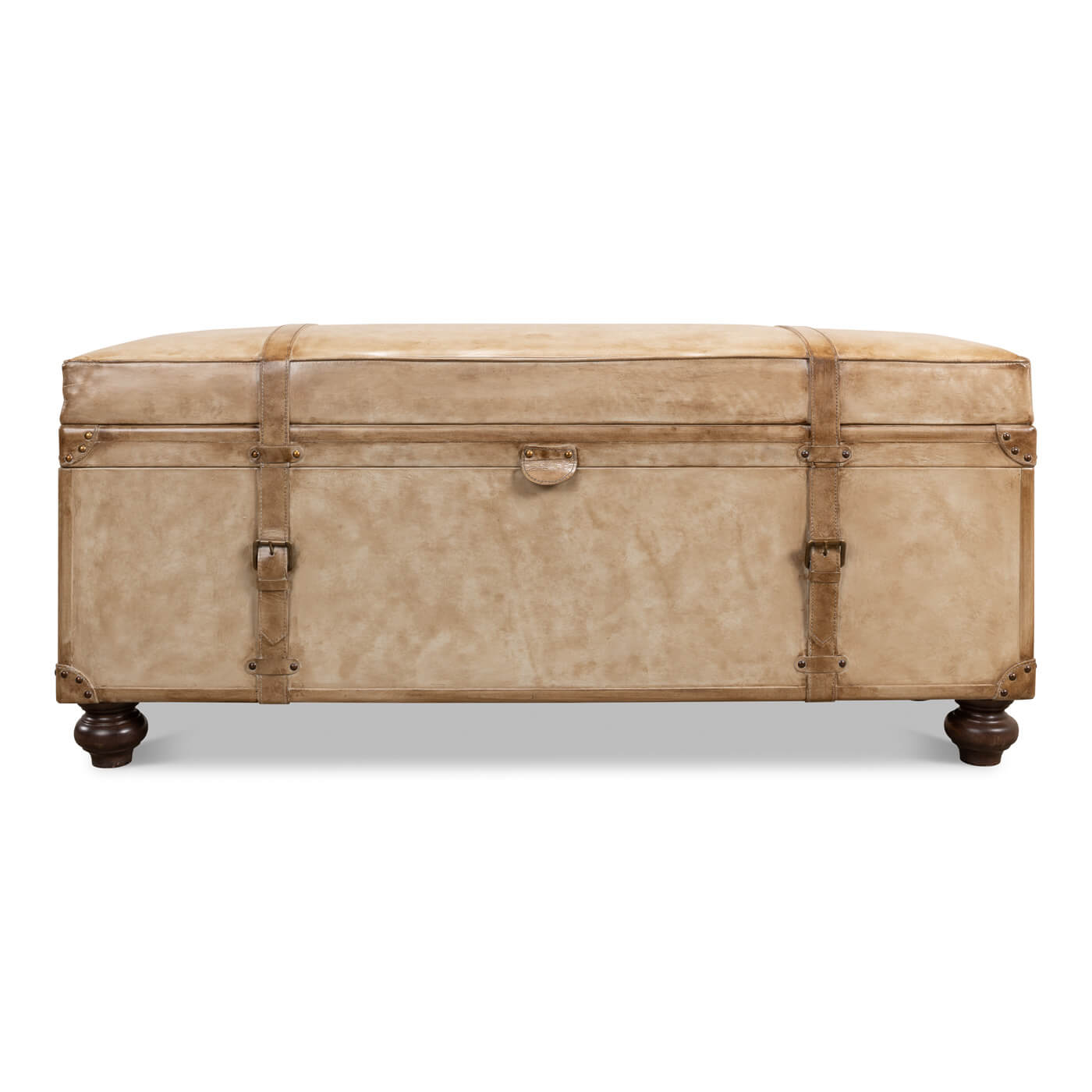 Front view of vintage-style pearl trunk bench with latch