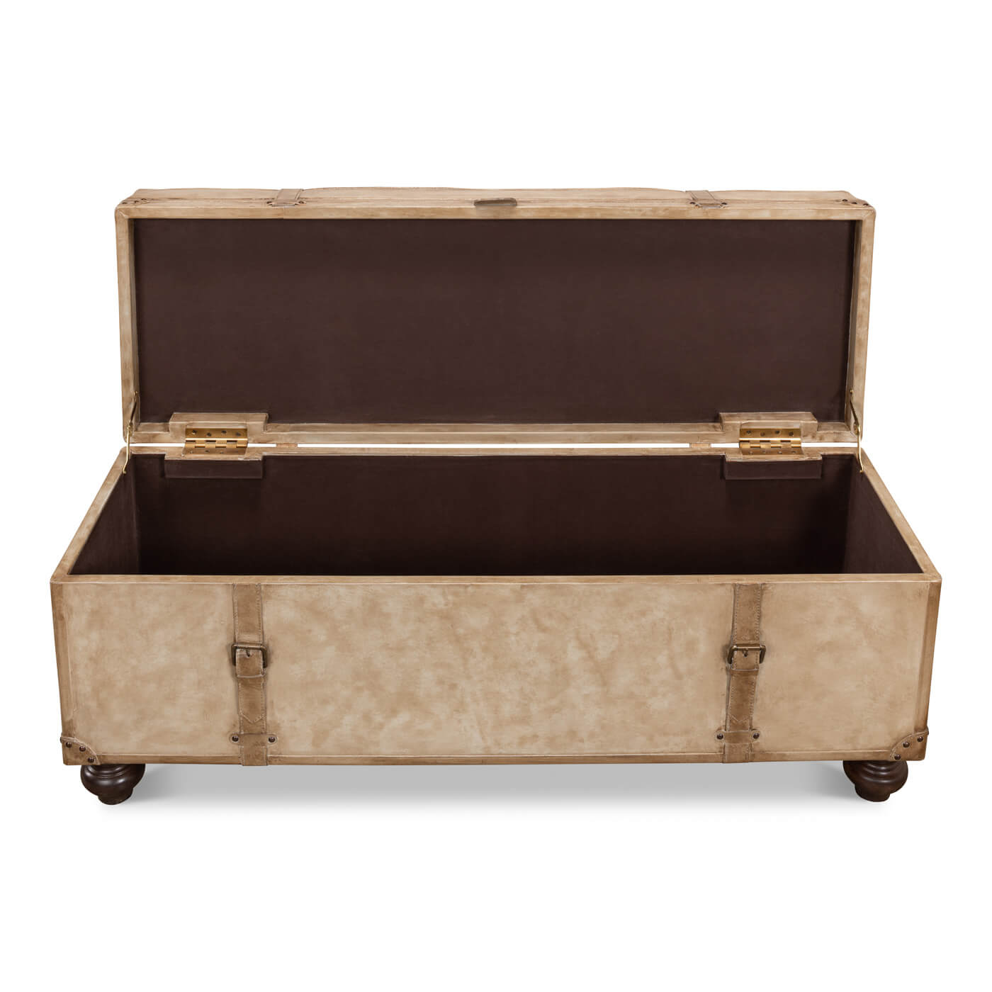 Open vintage-style pearl leather trunk bench showing interior