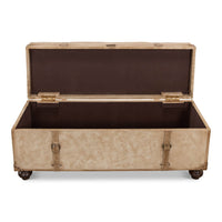 Open vintage-style pearl leather trunk bench showing interior
